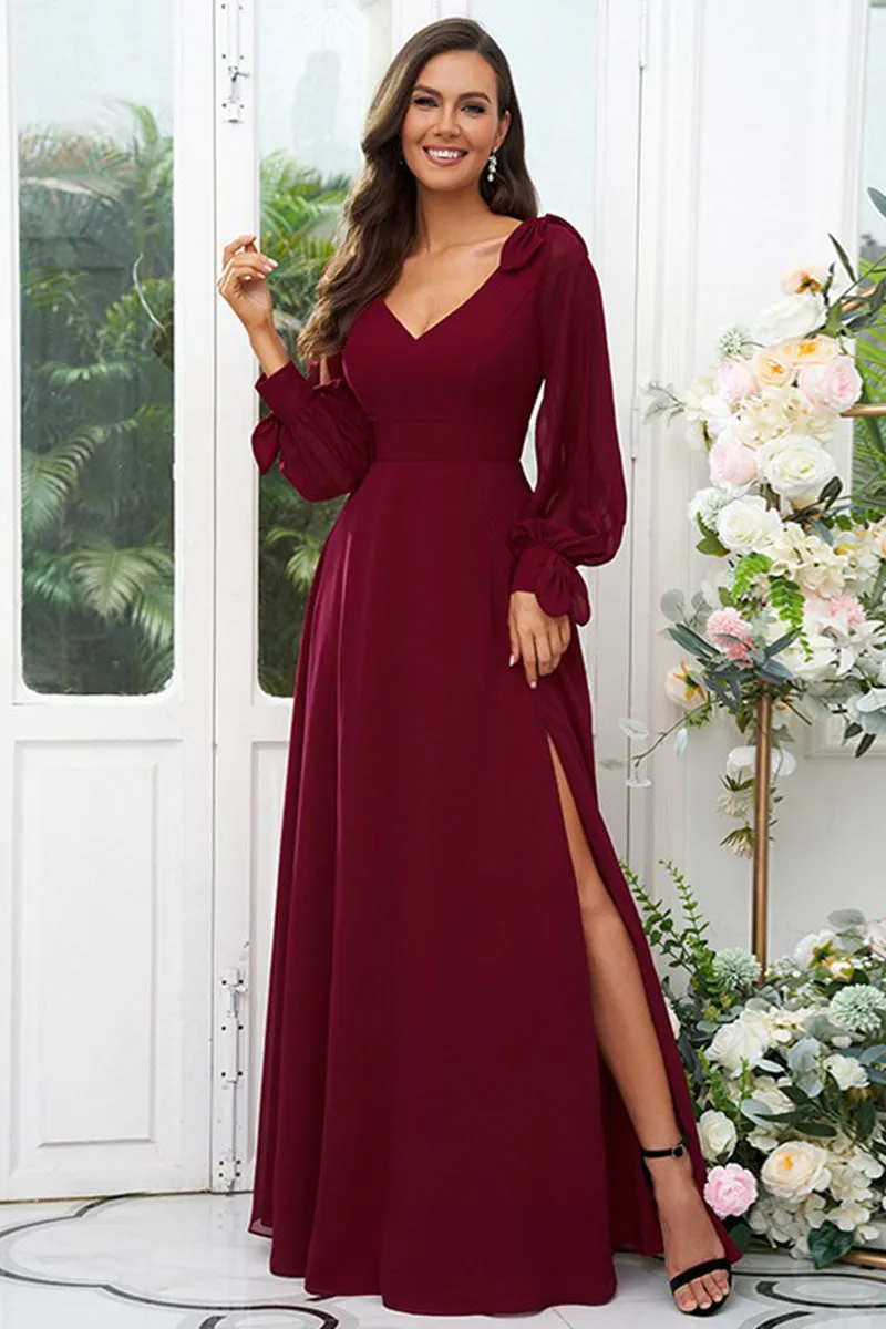 B4062 - V-Neck Long Sleeves Chiffon A-Line Long Bridesmaid Dress With Slit