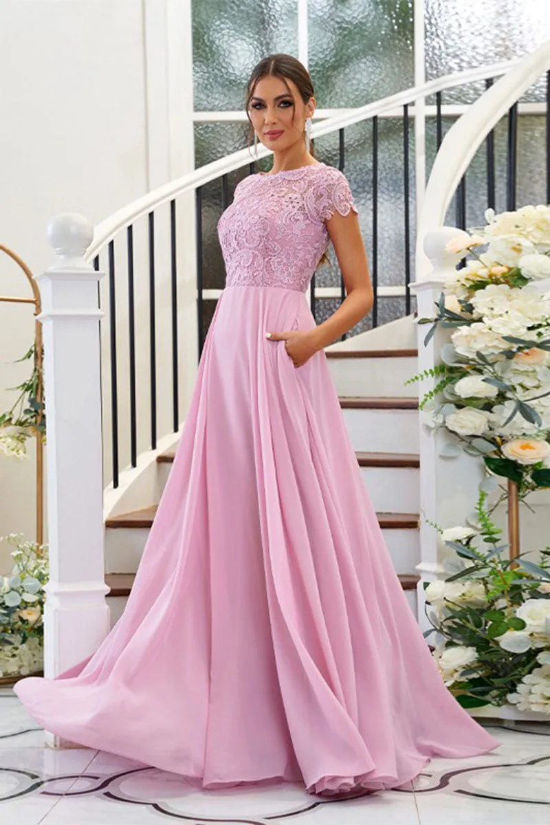 B4063 - Scoop Short Sleeves Lace Chiffon A-Line Long Bridesmaid Dress