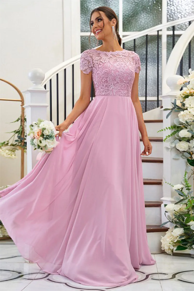 B4063 - Scoop Short Sleeves Lace Chiffon A-Line Long Bridesmaid Dress