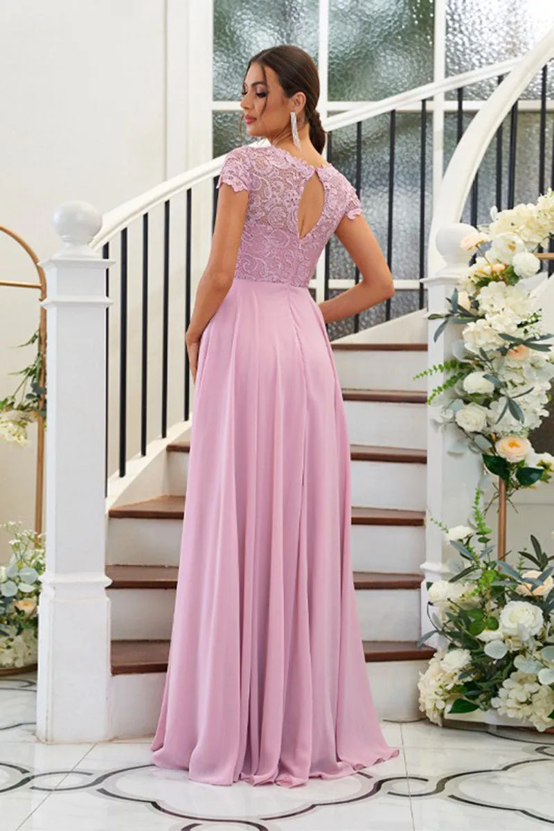 B4063 - Scoop Short Sleeves Lace Chiffon A-Line Long Bridesmaid Dress