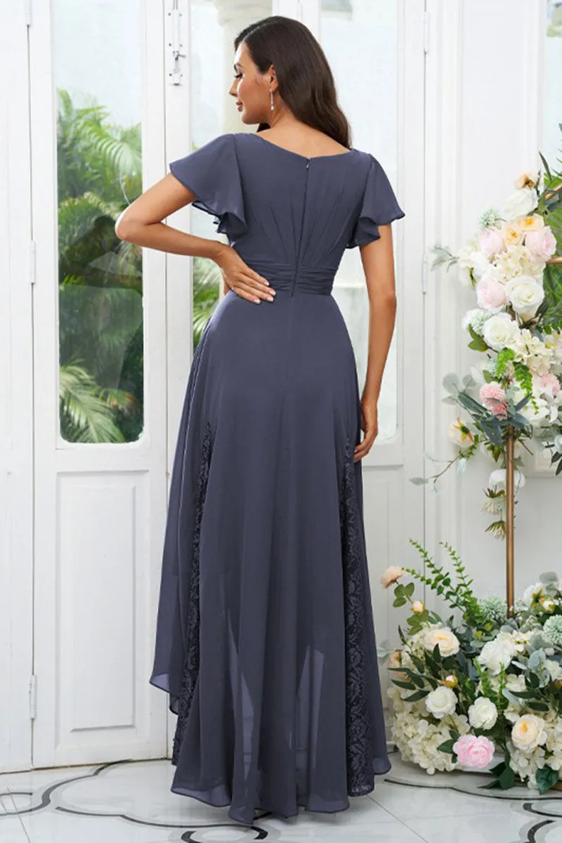 B4065 - V-Neck Cap Sleeves Lace Chiffon A-Line Midi Bridesmaid Dress