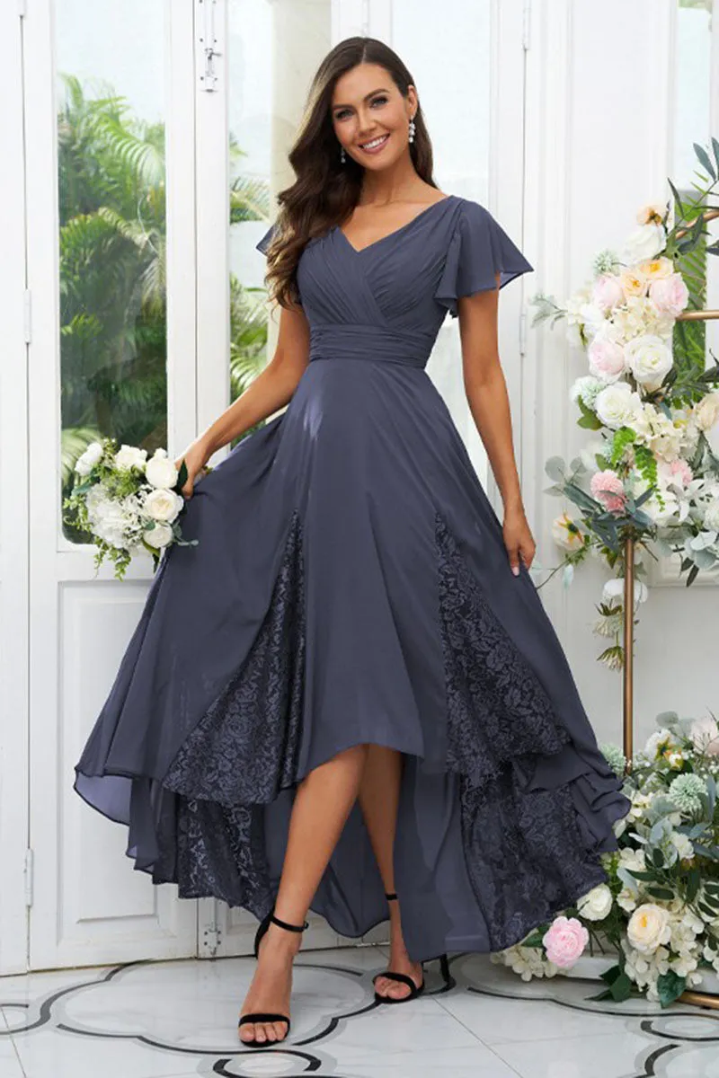 B4065 - V-Neck Cap Sleeves Lace Chiffon A-Line Midi Bridesmaid Dress