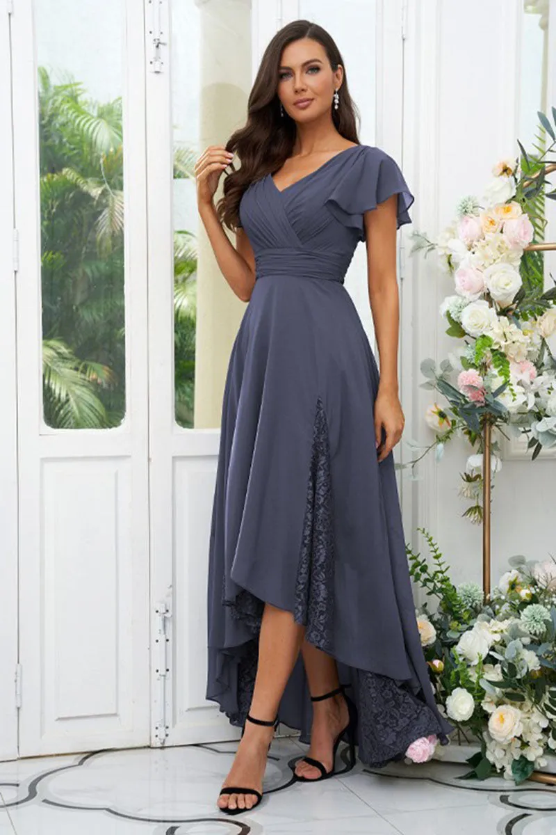 B4065 - V-Neck Cap Sleeves Lace Chiffon A-Line Midi Bridesmaid Dress