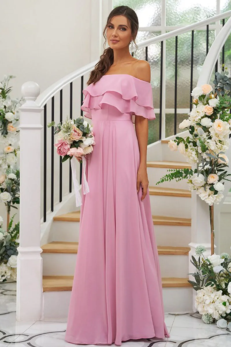 B4067 - Off-Shoulder Ruffles Ruched Chiffon A-Line Long Bridesmaid Dress