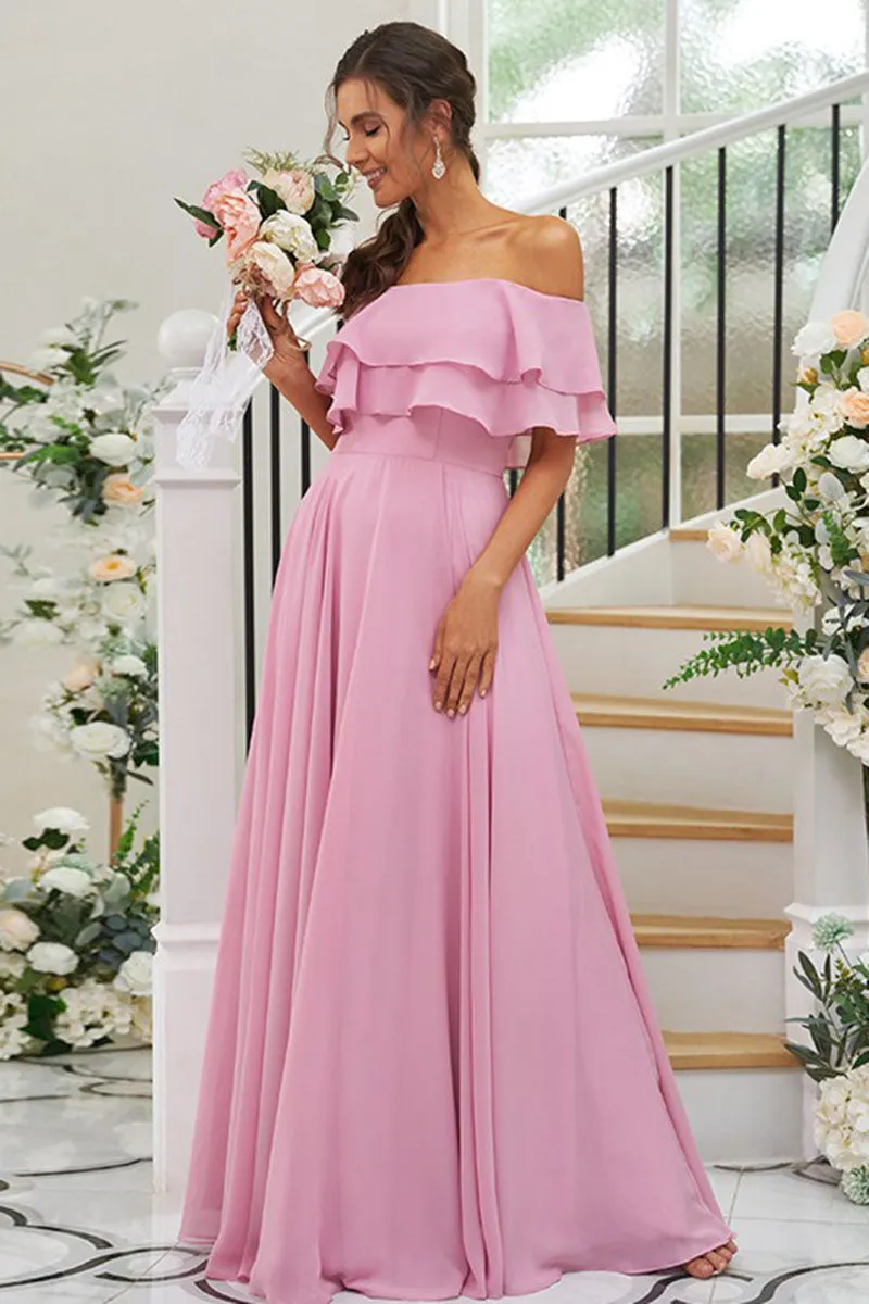 B4067 - Off-Shoulder Ruffles Ruched Chiffon A-Line Long Bridesmaid Dress