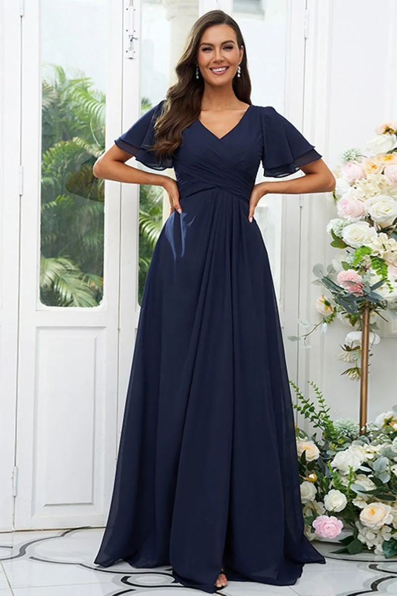 B4068 - V-Neck Short Sleeves Ruched Chiffon A-Line Long Bridesmaid Dress