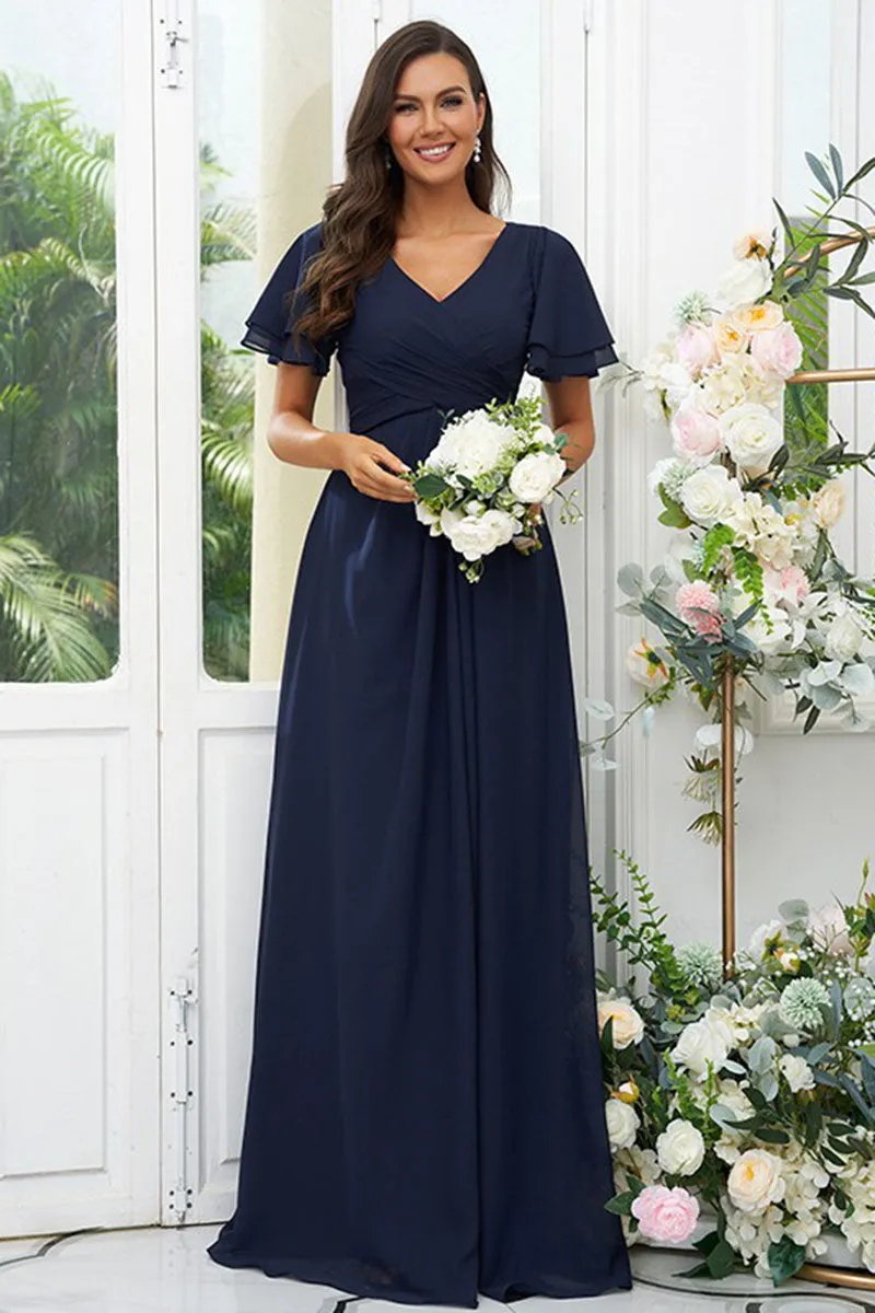 B4068 - V-Neck Short Sleeves Ruched Chiffon A-Line Long Bridesmaid Dress