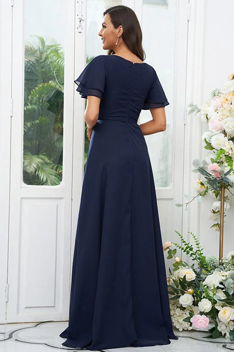 B4068 - V-Neck Short Sleeves Ruched Chiffon A-Line Long Bridesmaid Dress