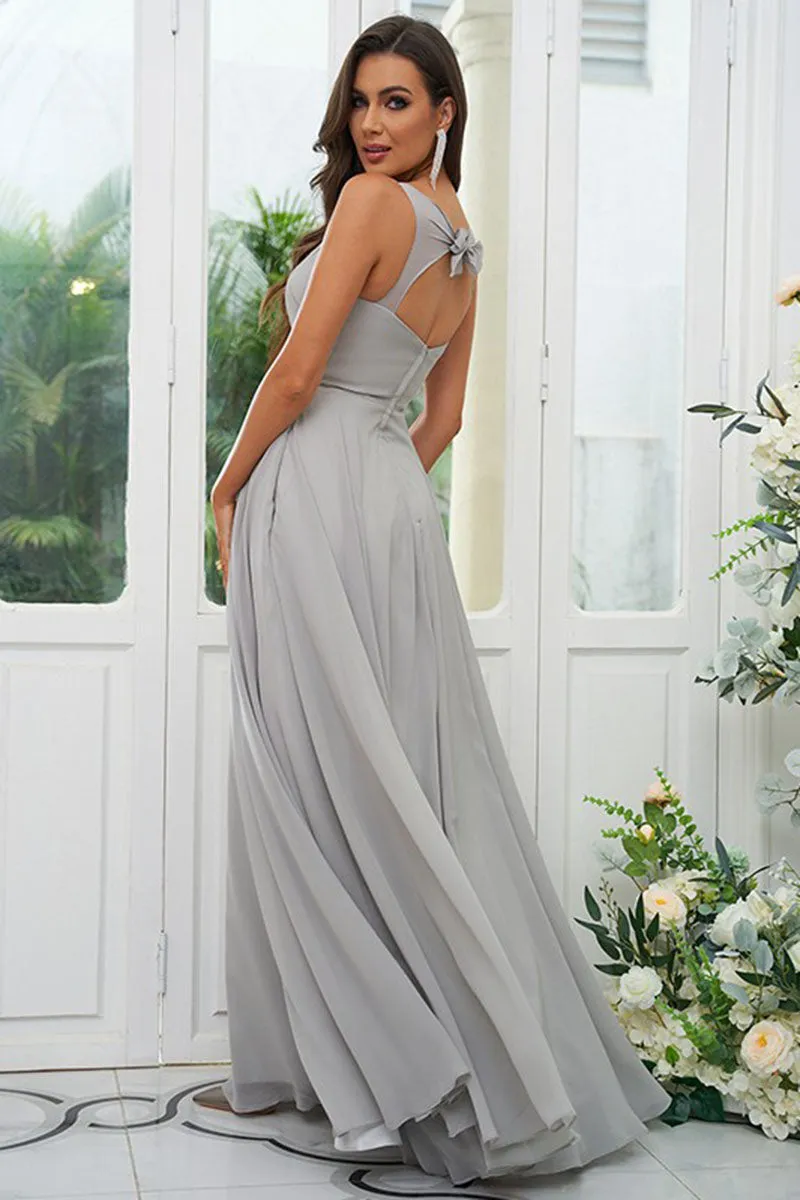 B4069 - V-Neck Cut Outs Chiffon A-Line Long Bridesmaid Dress With Bow