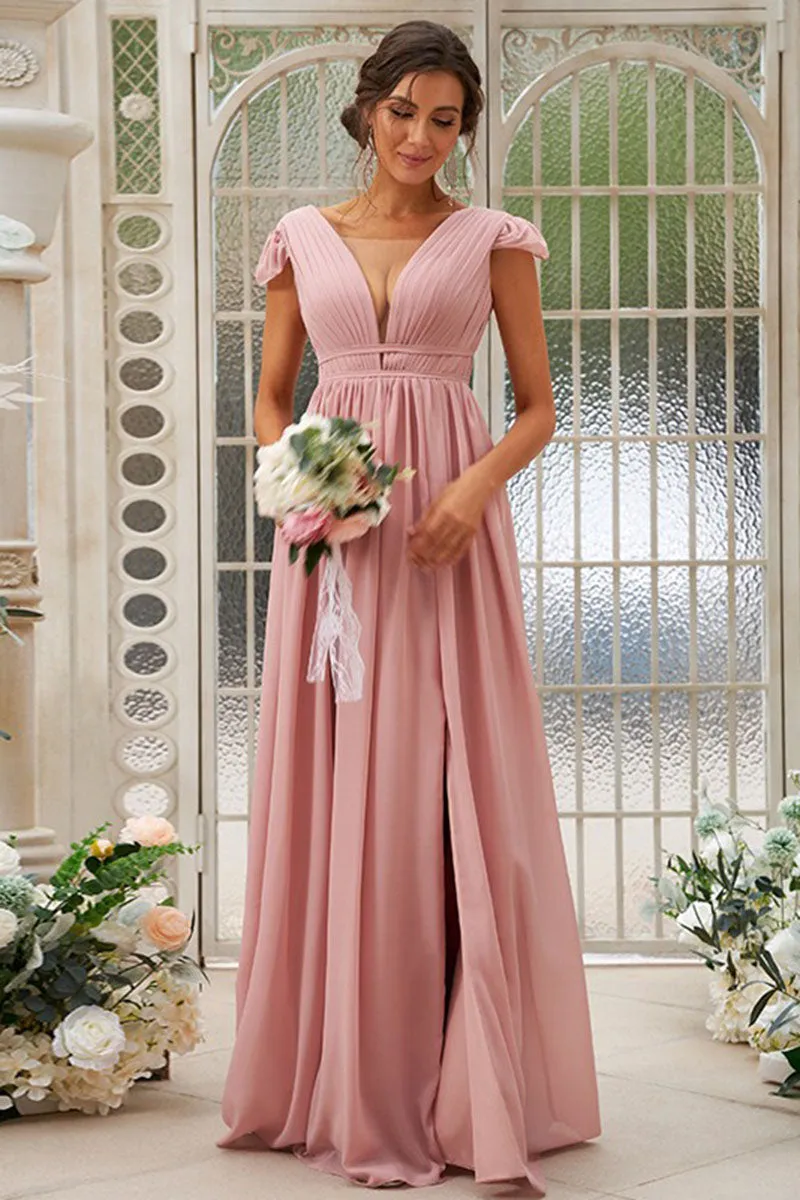 B4070 - Low V-Neck Cap Sleeves Ruched Chiffon A-Line Bridesmaid Dress