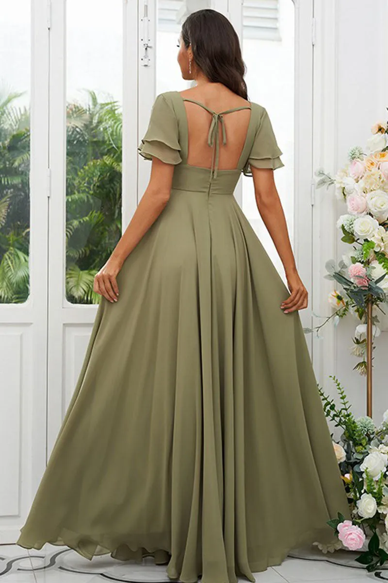 B4080 - V-Neck Short Sleeves Chiffon A-Line Long Bridesmaid Dress With Slit