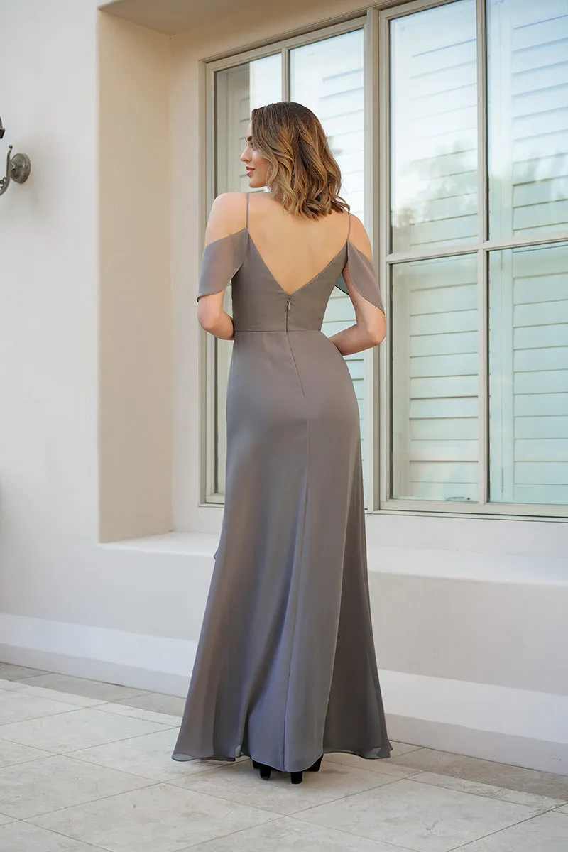 B4105 - V-Neck Off-Shoulder Chiffon Sheath Long Bridesmaid Dress With Slit