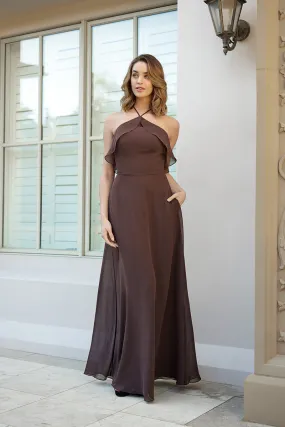 B4108 - Halter Ruffles Chiffon A-Line Long Bridesmaid Dress