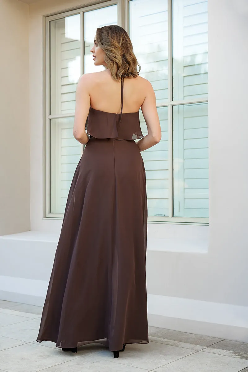 B4108 - Halter Ruffles Chiffon A-Line Long Bridesmaid Dress