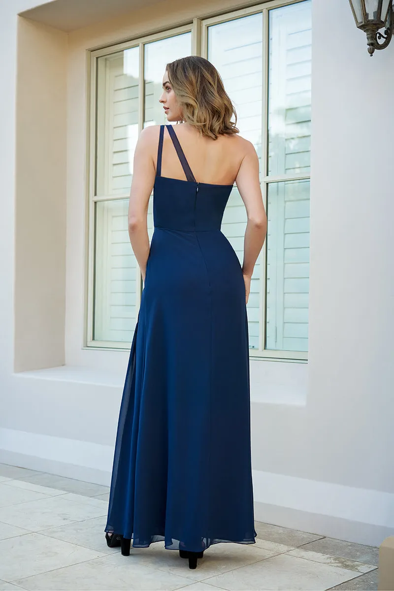 B4110 - One Shoulder Ruched Chiffon A-Line Long Bridesmaid Dress With Slit