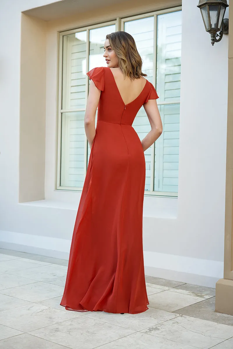 B4111 - V-Neck Cap Sleeves Chiffon A-Line Long Bridesmaid Dress With Slit