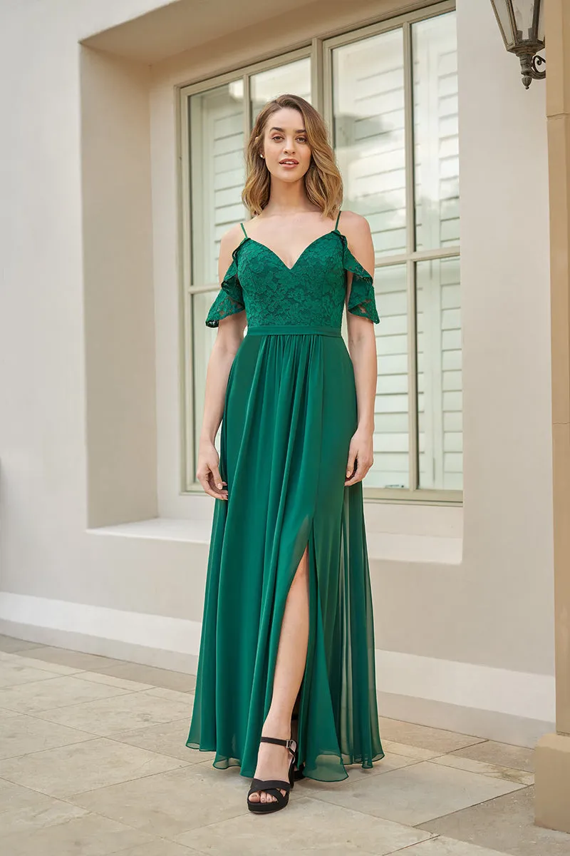 B4115 - V-Neck Off-shoulder Lace A-Line Long Bridesmaid Dress With Slit