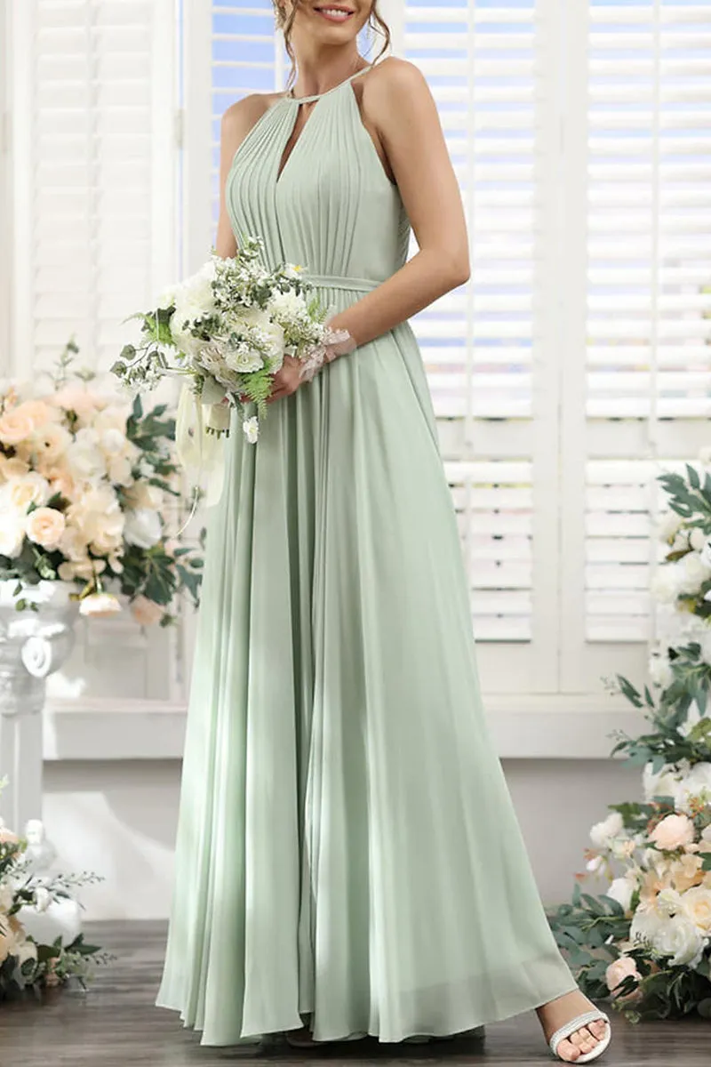 B4121 - Halter Ruched Cut Outs Chiffon A-Line Long Bridesmaid Dress With Slit