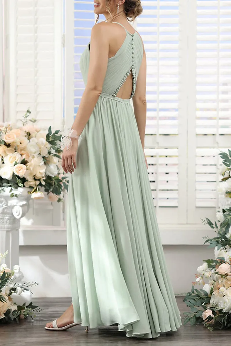 B4121 - Halter Ruched Cut Outs Chiffon A-Line Long Bridesmaid Dress With Slit