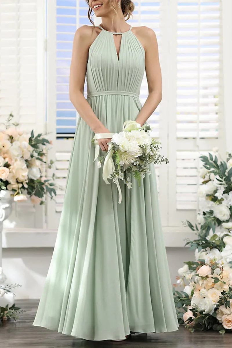 B4121 - Halter Ruched Cut Outs Chiffon A-Line Long Bridesmaid Dress With Slit