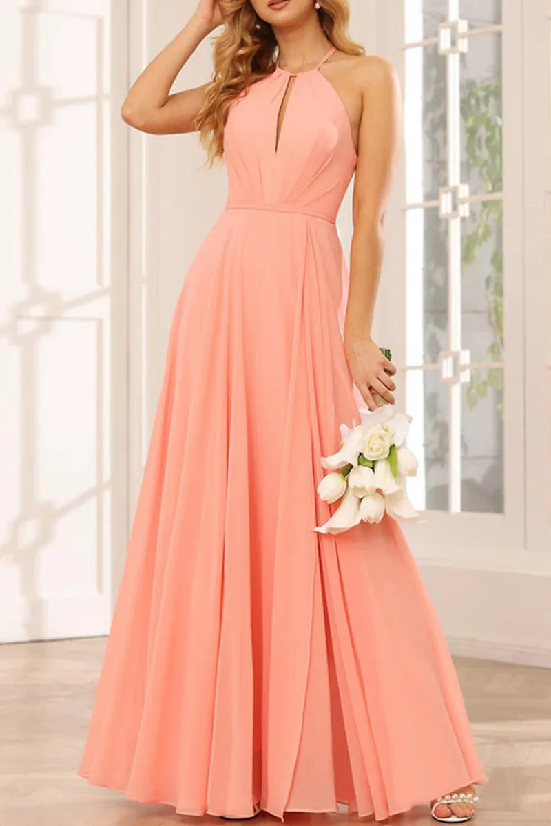 B4122 - Halter Ruched Cut Outs Chiffon A-Line Long Bridesmaid Dress With Slit