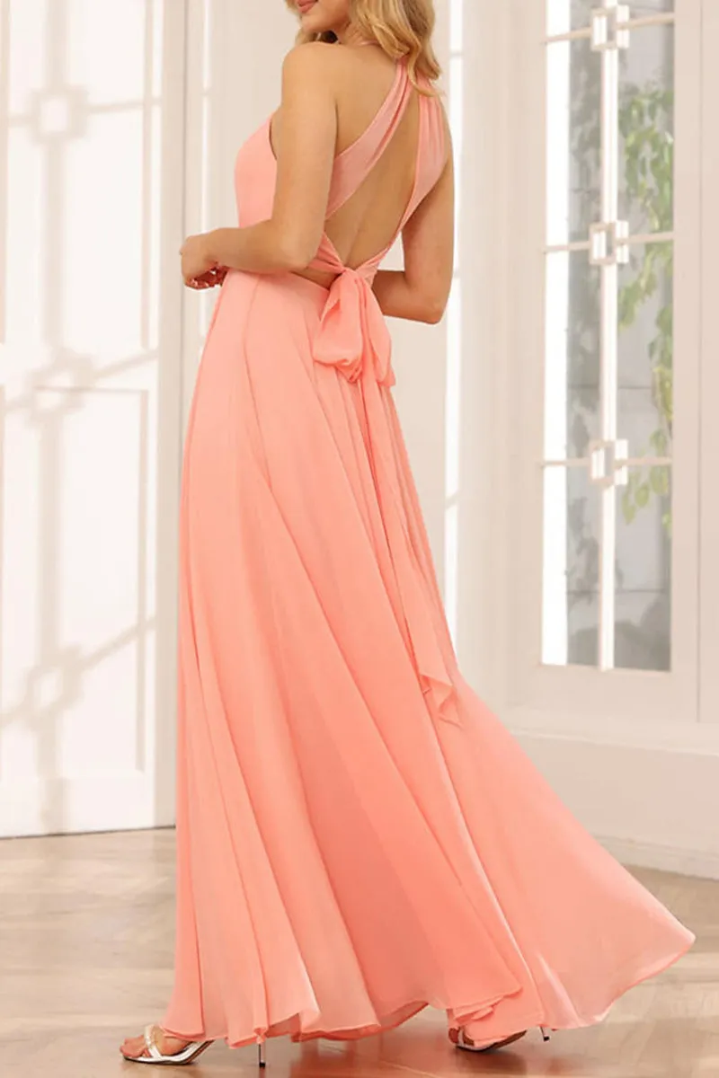 B4122 - Halter Ruched Cut Outs Chiffon A-Line Long Bridesmaid Dress With Slit