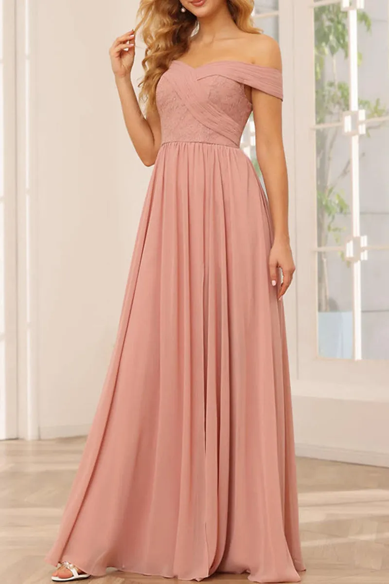 B4123 - Off-Shoulder Ruched Lace Chiffon A-Line Long Bridesmaid Dress