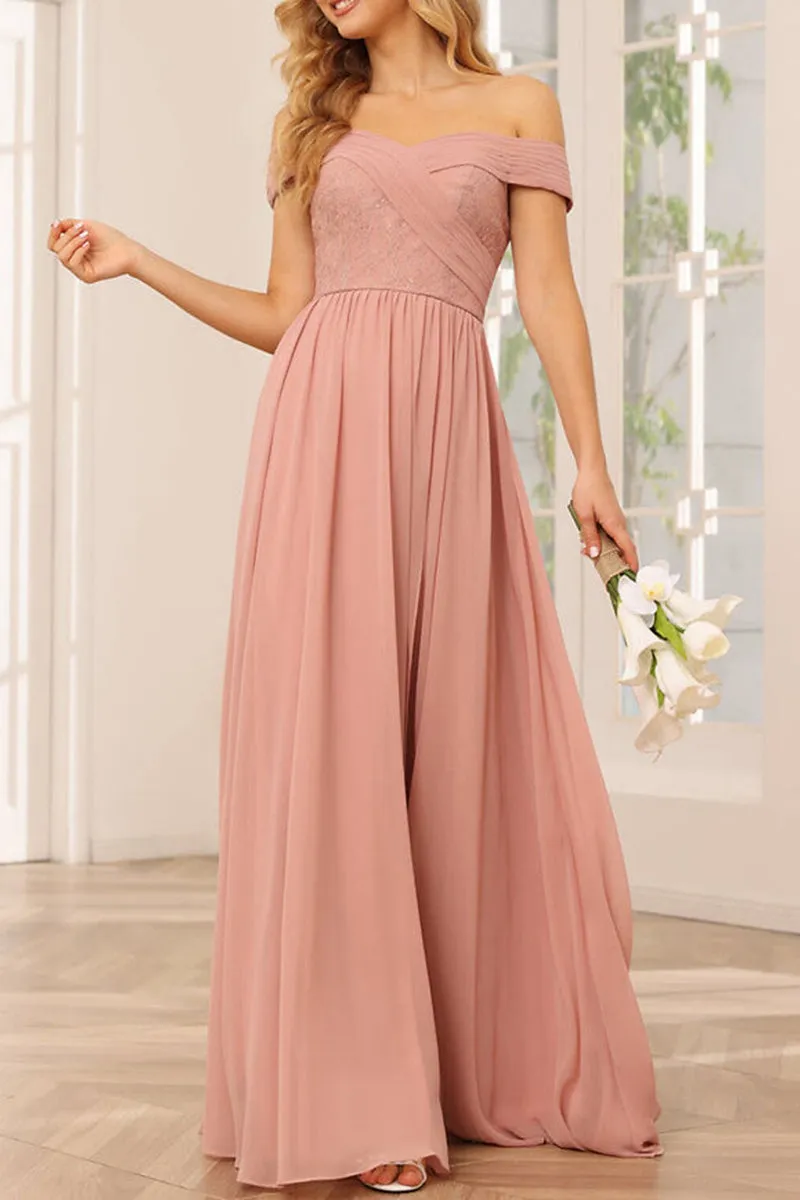 B4123 - Off-Shoulder Ruched Lace Chiffon A-Line Long Bridesmaid Dress