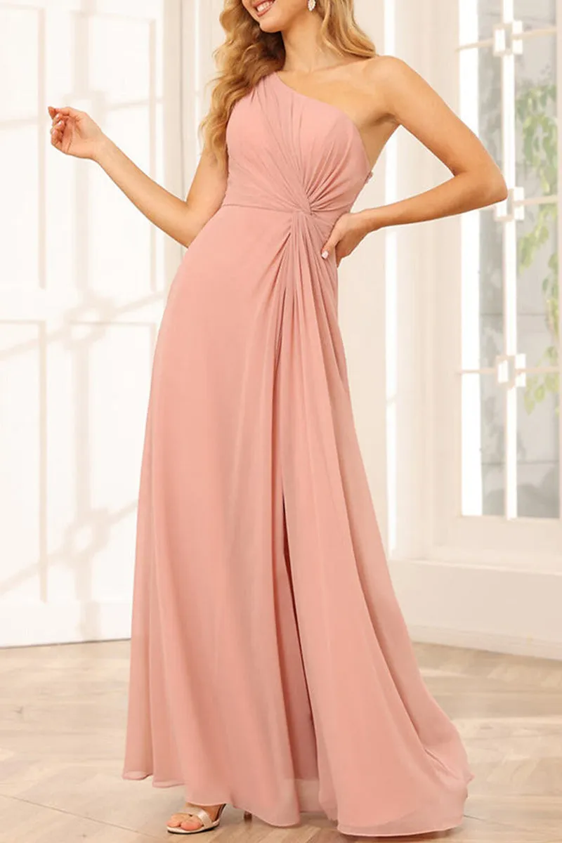 B4124 - One Shoulder Ruched Chiffon A-Line Long Bridesmaid Dress With Slit