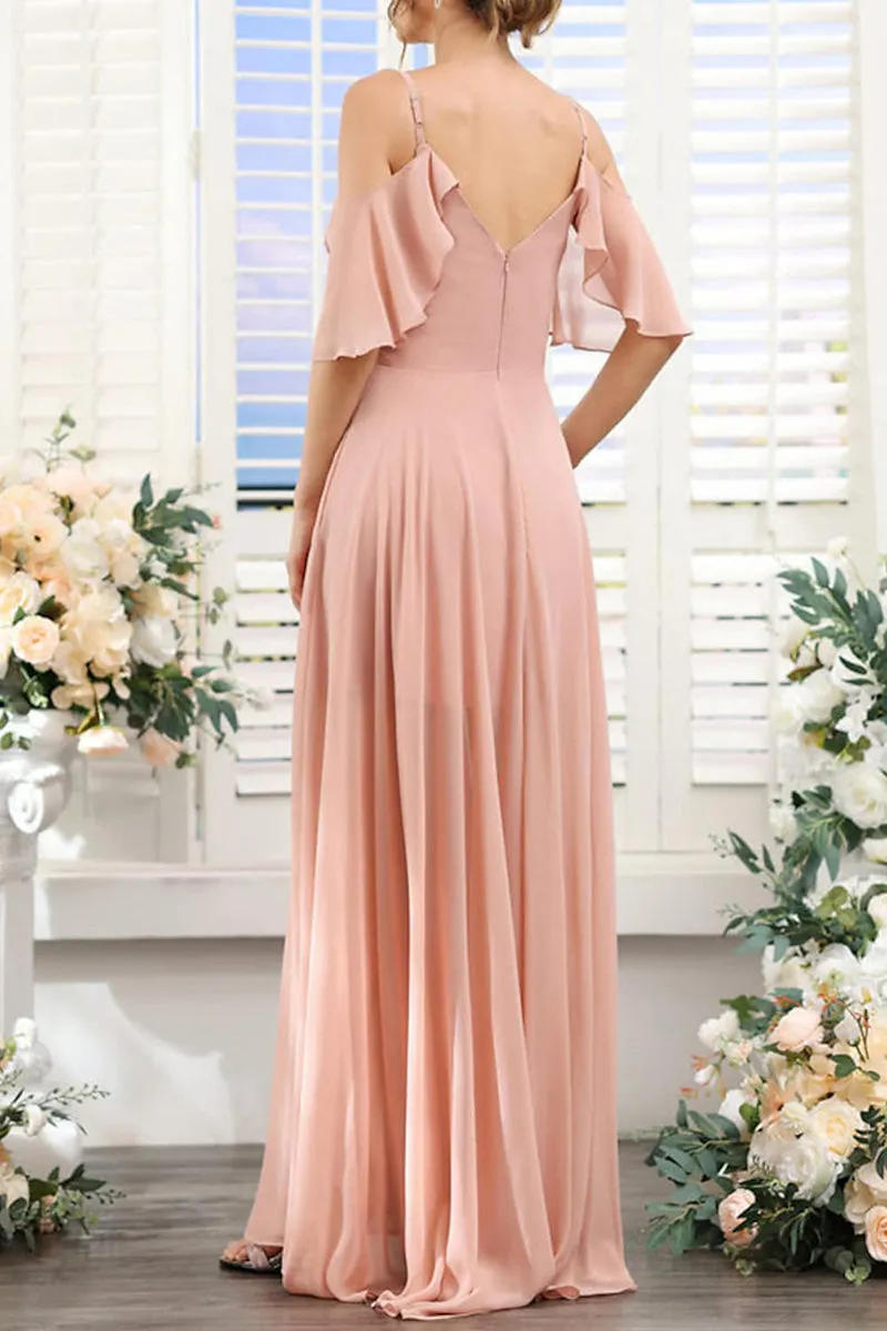 B4126 - V-Neck Off-Shoulder Ruched Chiffon A-Line Long Bridesmaid Dress