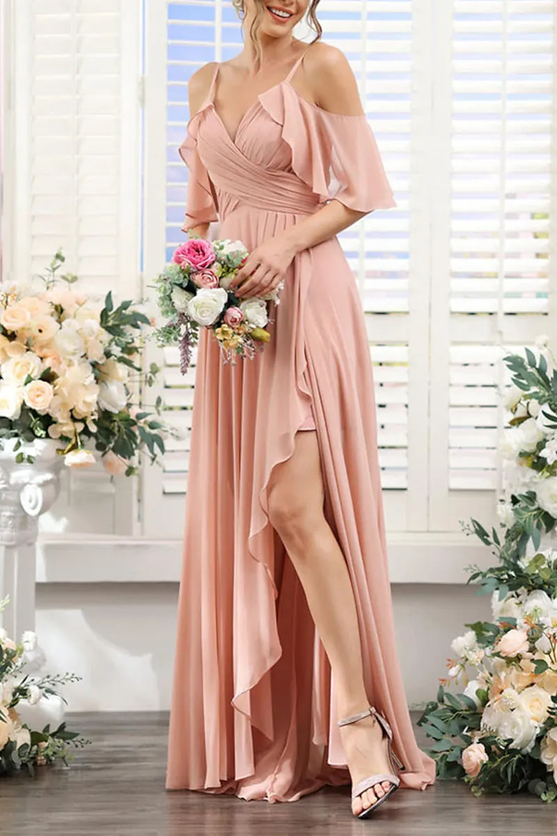 B4126 - V-Neck Off-Shoulder Ruched Chiffon A-Line Long Bridesmaid Dress