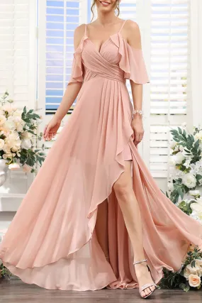 B4126 - V-Neck Off-Shoulder Ruched Chiffon A-Line Long Bridesmaid Dress