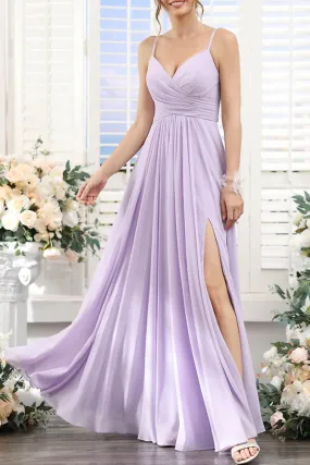 B4128 - V-Neck Spaghetti Straps Ruched Chiffon A-Line Long Bridesmaid Dress