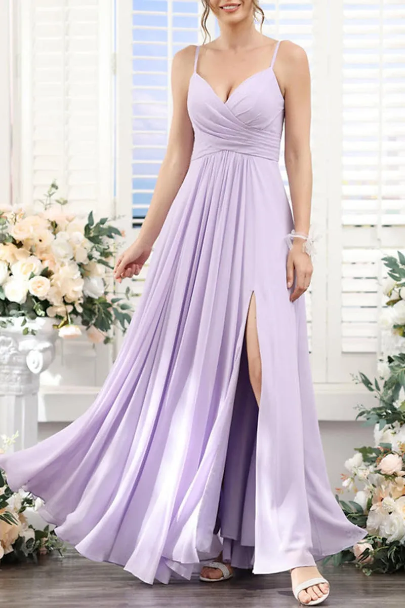 B4128 - V-Neck Spaghetti Straps Ruched Chiffon A-Line Long Bridesmaid Dress