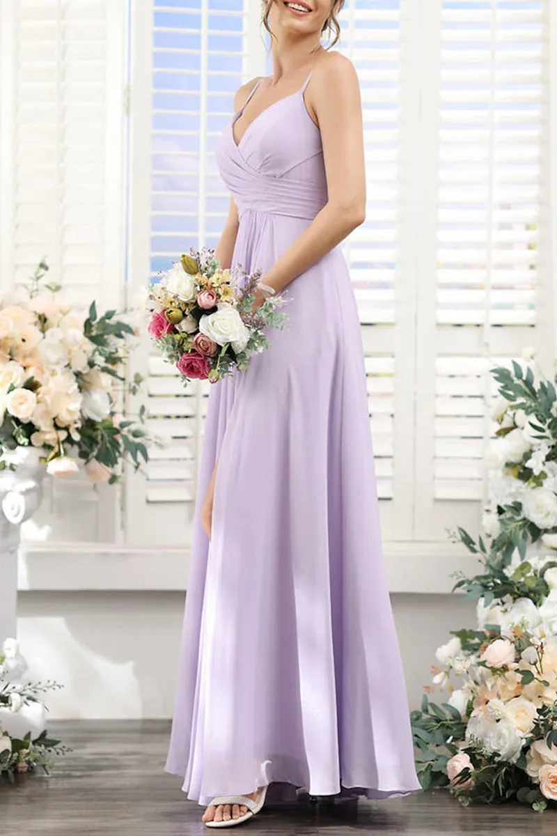 B4128 - V-Neck Spaghetti Straps Ruched Chiffon A-Line Long Bridesmaid Dress