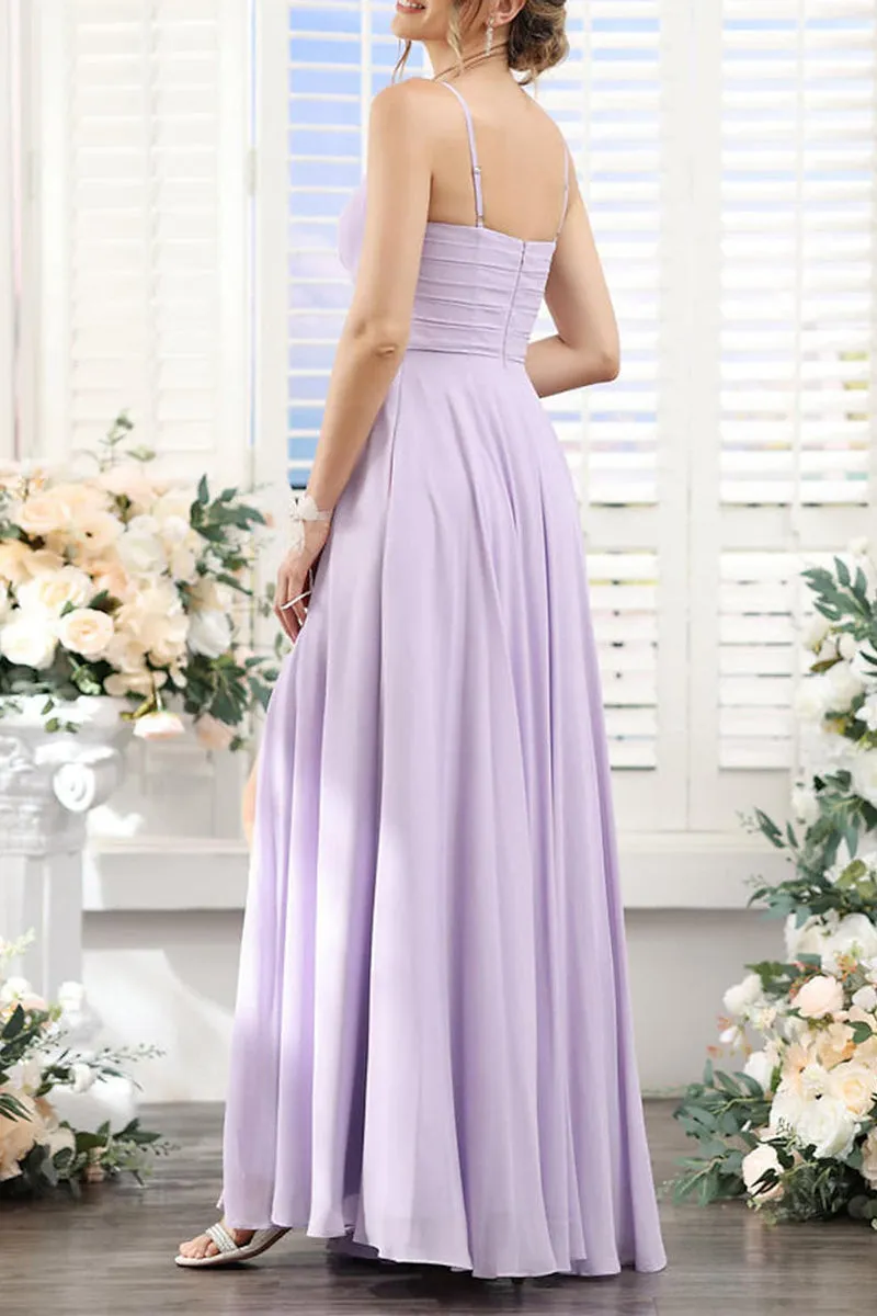 B4128 - V-Neck Spaghetti Straps Ruched Chiffon A-Line Long Bridesmaid Dress