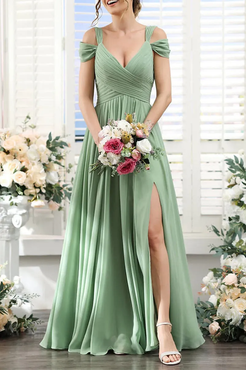 B4129 - V-Neck Off-Shoulder Ruched Chiffon A-Line Long Bridesmaid Dress