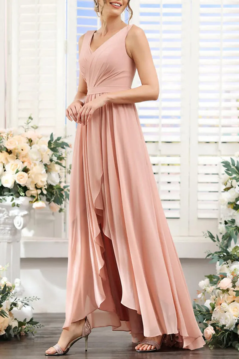 B4131 - V-Neck Sleeveless Ruched Chiffon A-Line High Low Bridesmaid Dress