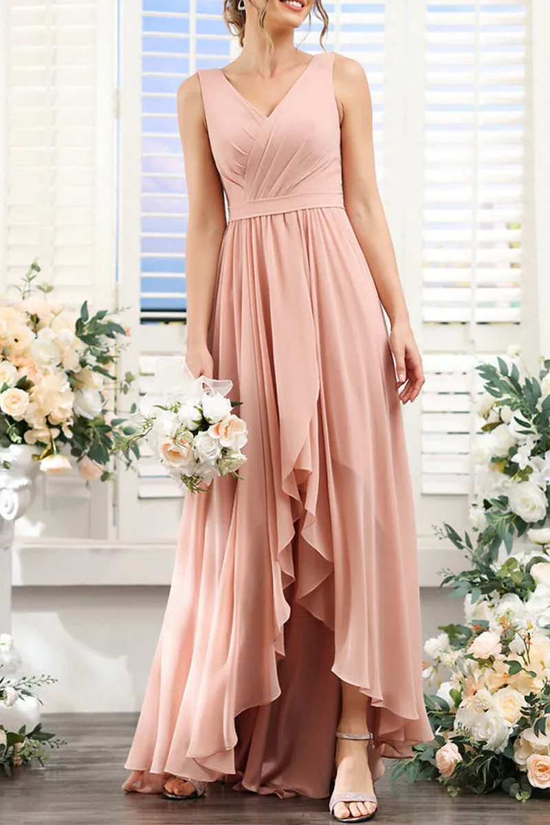 B4131 - V-Neck Sleeveless Ruched Chiffon A-Line High Low Bridesmaid Dress