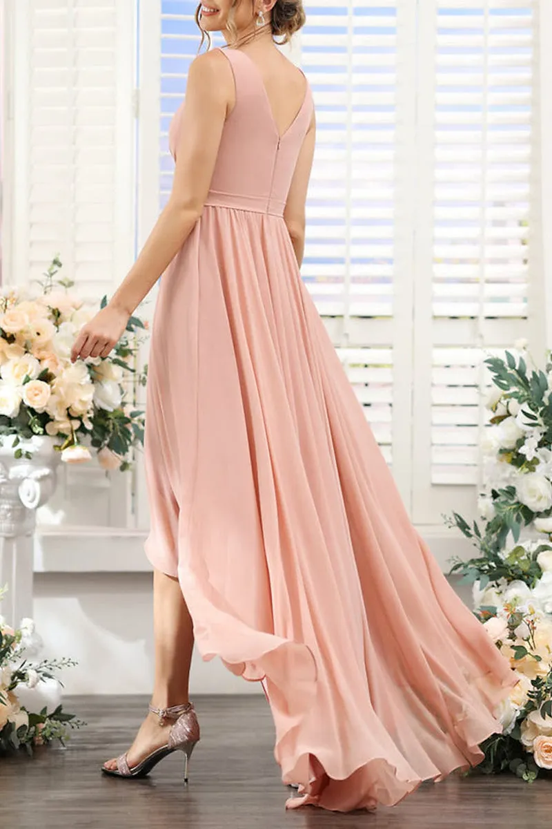 B4131 - V-Neck Sleeveless Ruched Chiffon A-Line High Low Bridesmaid Dress