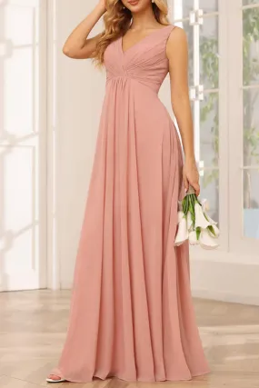 B4132 - V-Neck Sleeveless Ruched Chiffon A-Line Long Bridesmaid Dress