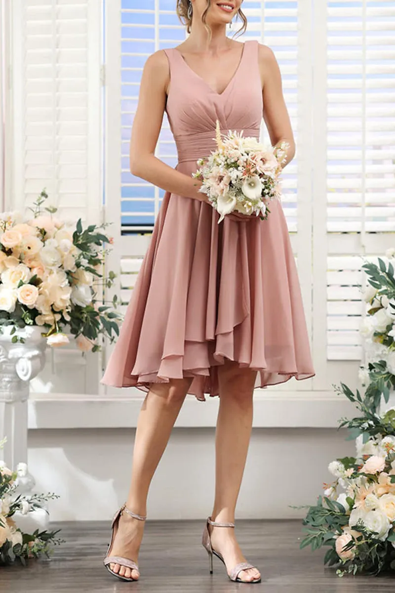 B4133 - V-Neck Sleeveless Ruched Chiffon A-Line Short Bridesmaid Dress