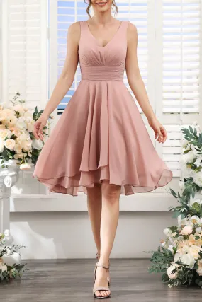 B4133 - V-Neck Sleeveless Ruched Chiffon A-Line Short Bridesmaid Dress