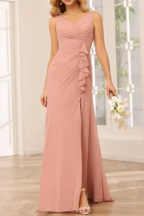 B4134 - V-Neck Sleeveless Ruched Chiffon Sheath Long Bridesmaid Dress