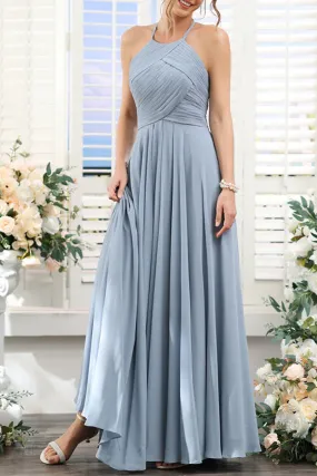 B4135 - Halter Sleeveless Ruched Chiffon A-Line Long Bridesmaid Dress