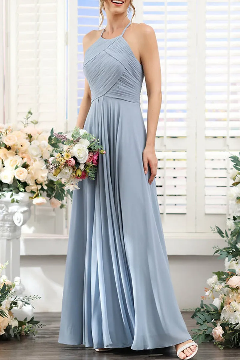 B4135 - Halter Sleeveless Ruched Chiffon A-Line Long Bridesmaid Dress