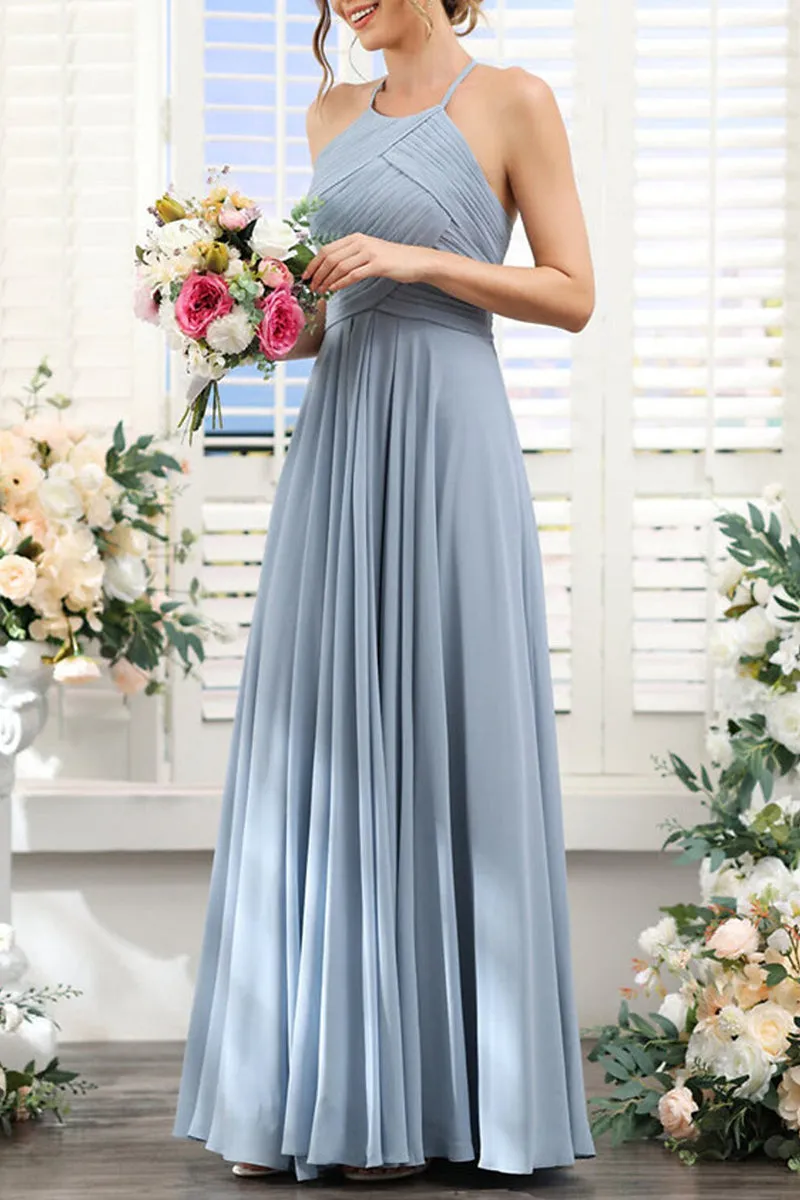 B4135 - Halter Sleeveless Ruched Chiffon A-Line Long Bridesmaid Dress