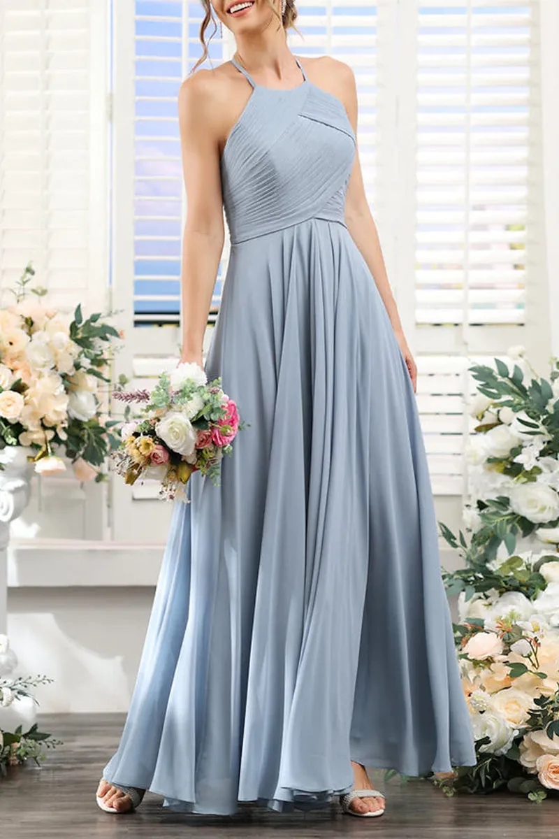 B4135 - Halter Sleeveless Ruched Chiffon A-Line Long Bridesmaid Dress