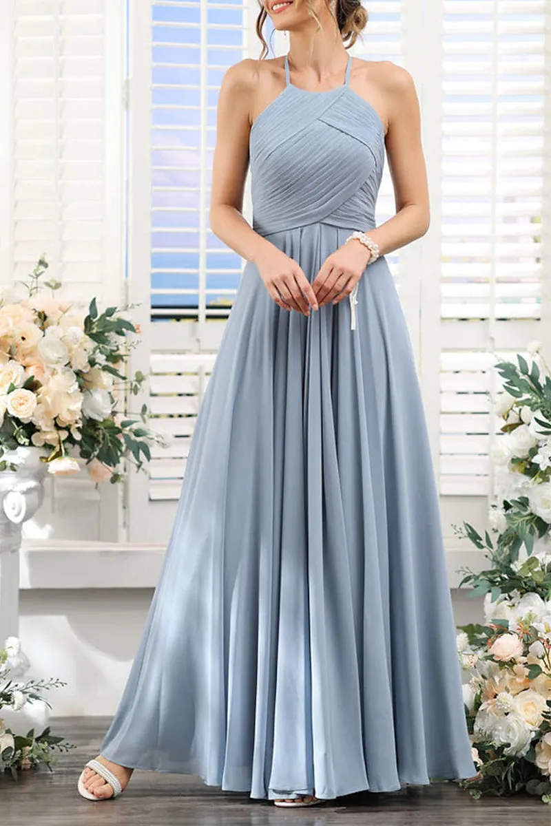 B4135 - Halter Sleeveless Ruched Chiffon A-Line Long Bridesmaid Dress