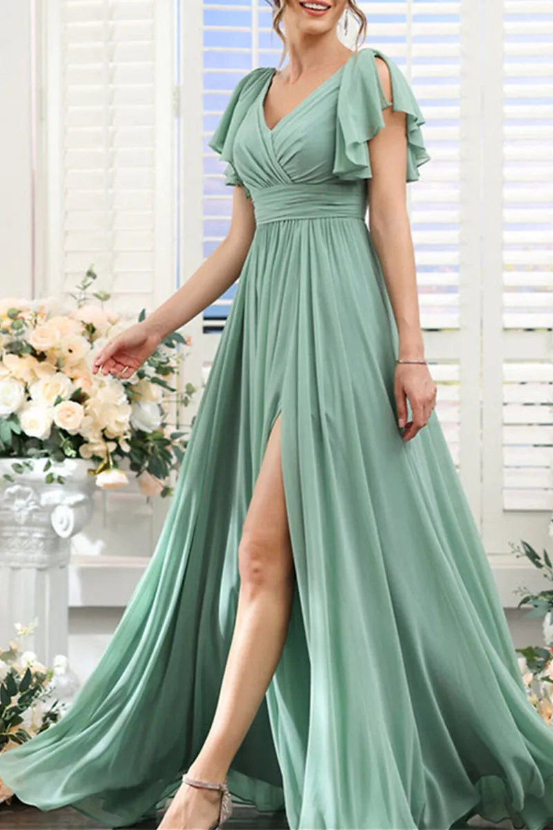 B4136 - V-Neck Short Sleeves Ruched Chiffon A-Line Long Bridesmaid Dress